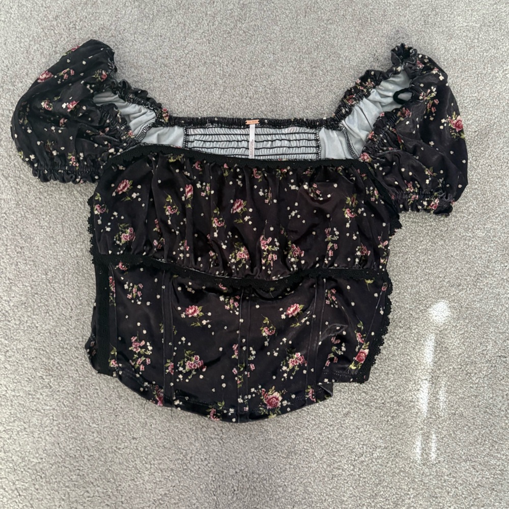 Free People Black Floral Puff Sleeve Blouse